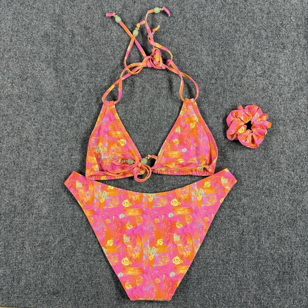 Kulani Kinis Bikini M/L Floral Print Tie Matching Scrunchie Beach Swim